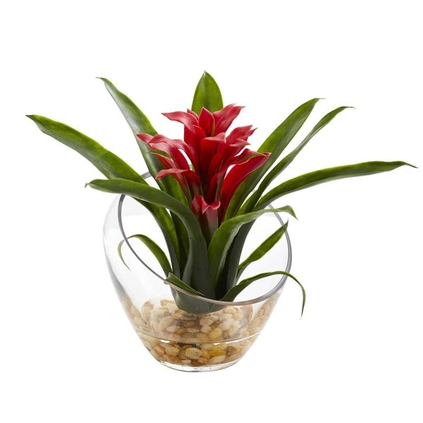 Nearly Natural 1535-R D 8 in. Tropical Bromeliad in Angled Vase Artificial Arrangement, Red 1535-RD